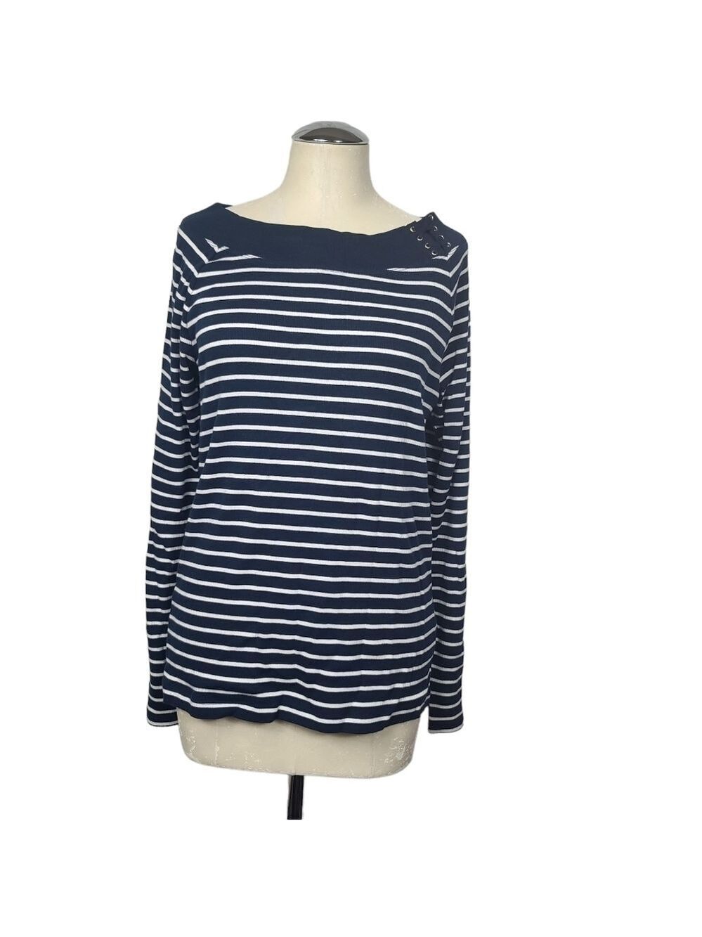 Lauren Ralph Lauren Blue White Striped Lace Shoulder Detail Top XL